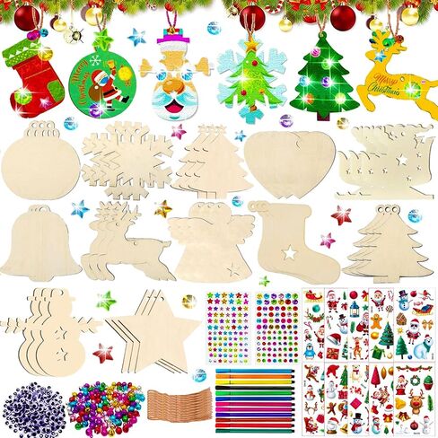 286Pcs Wooden Christmas Ornaments, Christmas Wooden Painting Craft Kit, Christmas Crafts for Kids, with Rhinestones Colored Pens Strings, for DIY Craft Making and Christmas Tree Ornaments in Saudi Arabia