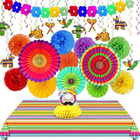 [7 أصناف] 39 PCS Cinco de Mayo Decorations ، Fiesta Mexican Party Party Supplies Paper Paper Banner Banner Banner Tabls Cover Honeycomb Table Cropiece Taco Luau Decor in Kuwait