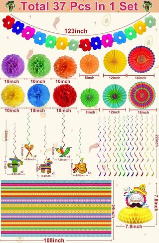 [7 أصناف] 39 PCS Cinco de Mayo Decorations ، Fiesta Mexican Party Party Supplies Paper Paper Banner Banner Banner Tabls Cover Honeycomb Table Cropiece Taco Luau Decor in Kuwait