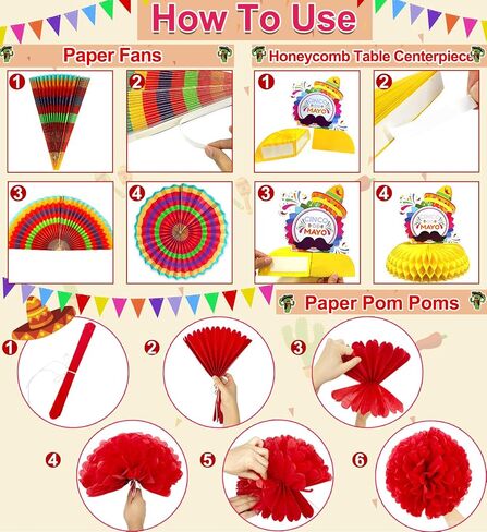 [7 أصناف] 39 PCS Cinco de Mayo Decorations ، Fiesta Mexican Party Party Supplies Paper Paper Banner Banner Banner Tabls Cover Honeycomb Table Cropiece Taco Luau Decor in Kuwait