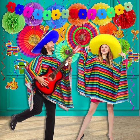 [7 أصناف] 39 PCS Cinco de Mayo Decorations ، Fiesta Mexican Party Party Supplies Paper Paper Banner Banner Banner Tabls Cover Honeycomb Table Cropiece Taco Luau Decor in Kuwait