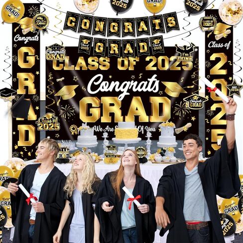 Graduation Decorations Class of 2025 Blue and Gold Graduation Party Decor Set include Congrats Grad Banner Backdrop Class of 2025 Balloons Party Supplies in Kuwait
