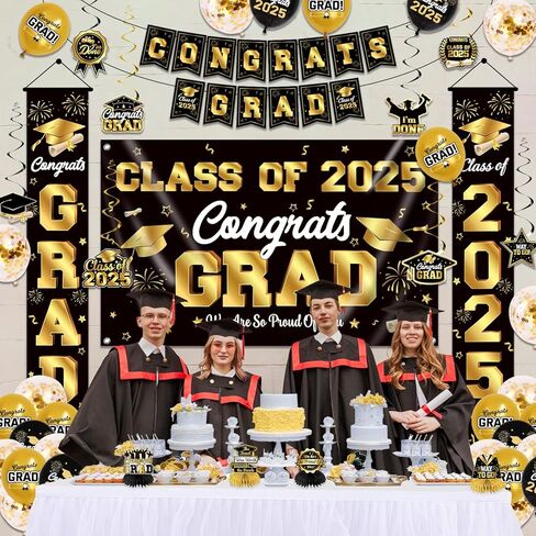Graduation Decorations Class of 2025 Blue and Gold Graduation Party Decor Set include Congrats Grad Banner Backdrop Class of 2025 Balloons Party Supplies in Kuwait