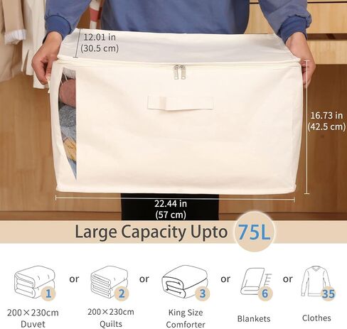 Canvas Comforters Bags Closet Organizers and Storage for Quilts Clothes Organization Containers Bins with Sturdy Zipper, Clear Window 75L for Sweaters Blankets Storage Bedroom Collapsible in Kuwait