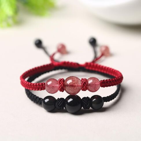 Red/Black Braided Beaded Bracelet Healing Crystal Bracelet for Women Natural Strawberry Crystal Bracelets Adjustable Braided Red String Prosperity Good Luck Beadeds Charm Bracelets Gifts Red in Saudi Arabia