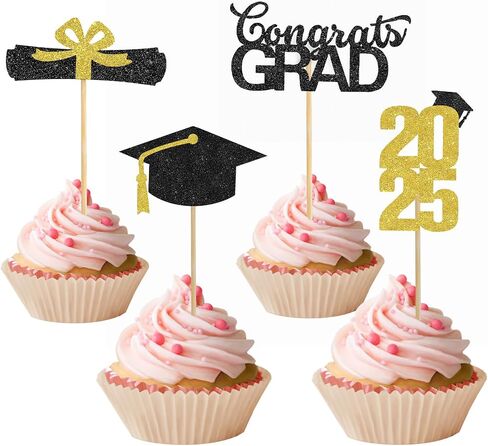 تخرج Cupcake Toppers 2025 ، 2025 ديكورات حفلات التخرج ، 24 PCS فئة Glitter من 2025 Cake Toppers ، Gold Cam Cap Cupcake يختار اختيارات الطعام للتخرج ديكورات حفلات التخرج in Kuwait