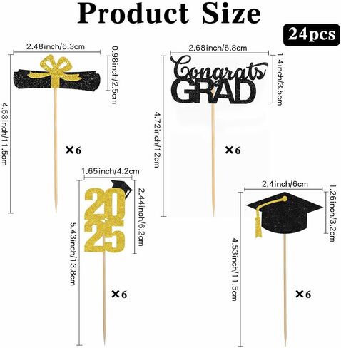 تخرج Cupcake Toppers 2025 ، 2025 ديكورات حفلات التخرج ، 24 PCS فئة Glitter من 2025 Cake Toppers ، Gold Cam Cap Cupcake يختار اختيارات الطعام للتخرج ديكورات حفلات التخرج in Kuwait