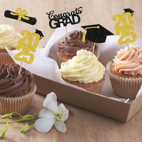 تخرج Cupcake Toppers 2025 ، 2025 ديكورات حفلات التخرج ، 24 PCS فئة Glitter من 2025 Cake Toppers ، Gold Cam Cap Cupcake يختار اختيارات الطعام للتخرج ديكورات حفلات التخرج in Kuwait