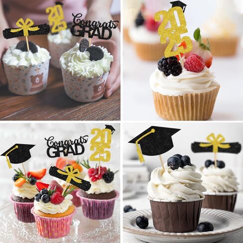 تخرج Cupcake Toppers 2025 ، 2025 ديكورات حفلات التخرج ، 24 PCS فئة Glitter من 2025 Cake Toppers ، Gold Cam Cap Cupcake يختار اختيارات الطعام للتخرج ديكورات حفلات التخرج in Kuwait