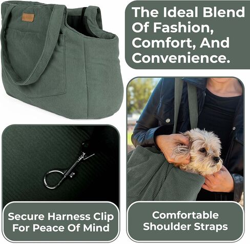 Corduroy Dog Carrier - حيوان أليف لينة من القطن خفيفة الوزن مع مقطع تسخير السلامة - حاملة سفر تنفس للكلاب الصغيرة والجرو (الأخضر) in Kuwait