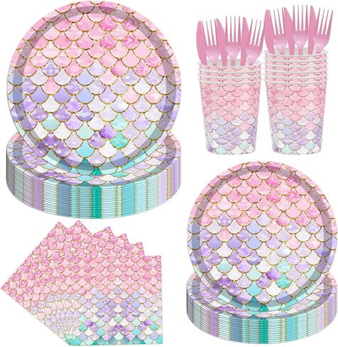 144pcs Iridescent Party Supplies Iridescent Party Tableware Set Serve 24 Guests Includes Holographic Paper Plates Cups Napkins Forks for Baby Shower Mermaid Birthday Party in Saudi Arabia