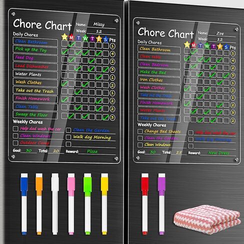 Acrylic Magnetic Chore Chart for Kids, 12"x10" Reward Responsibility Chart for Fridge, Daily Chores Checklist for Adult, Weekly Dry/Wet Erase Fridge Board for Teens Family, w/ 8 Markers & Towel in Saudi Arabia