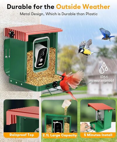 Metal Smart Bird Feeder with Camera – Solar Powered, AI Bird Identification & 2.5K HD Auto Capture Videos, Arrival Notifications, 2.1L Capacity & 100% Durable Design in Saudi Arabia