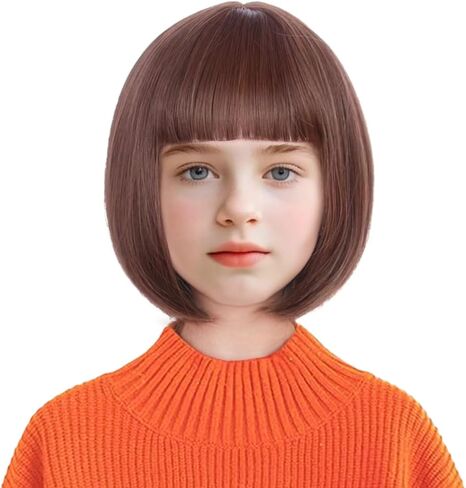 Kids Brown Bob Wig Girls Short Brown Wig with Bangs Child Dark Brown Halloween Cosplay Wigs for Kids in Kuwait