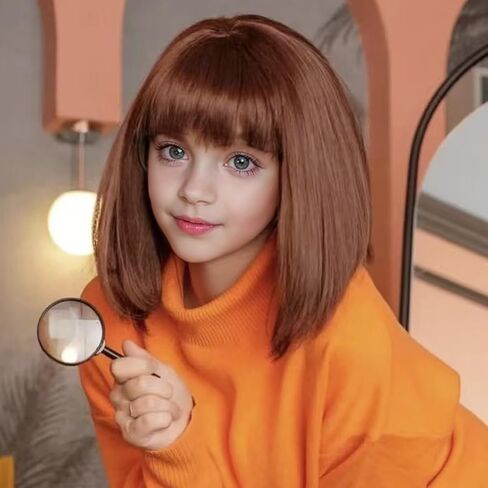 Kids Brown Bob Wig Girls Short Brown Wig with Bangs Child Dark Brown Halloween Cosplay Wigs for Kids in Kuwait