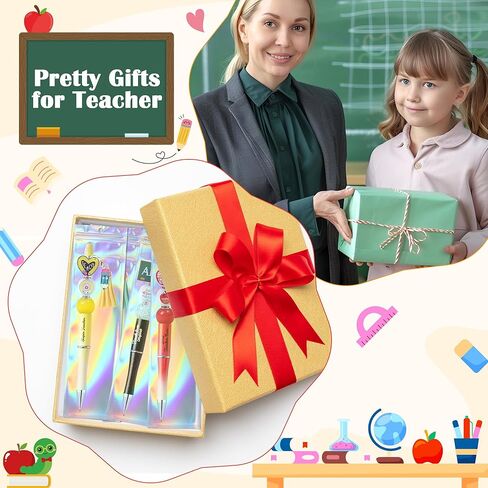 CNhoqc 178pcs Teacher Appreciation Theme Beadable Ballpoint Pen, Set of Plastic Beadable Pens, Colorful Wood Beads, Crystal Spacer Beads, Resealable Foil Pouch Bag, Ballpoint Pen for Teachers Gift in Kuwait