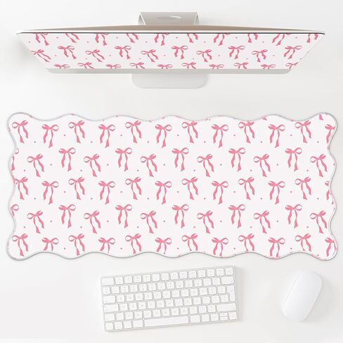 Coquette Bow Desk Mat Pink Bow Pad Scalloped Desk for لوحة مفاتيح Mouse كبيرة اللطيف غير القابل للانزلاق حصيرة الكمبيوتر 31.5 "× 15.7" (لطيف) in Kuwait