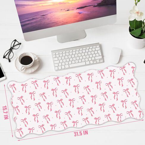 Coquette Bow Desk Mat Pink Bow Pad Scalloped Desk for لوحة مفاتيح Mouse كبيرة اللطيف غير القابل للانزلاق حصيرة الكمبيوتر 31.5 "× 15.7" (لطيف) in Kuwait