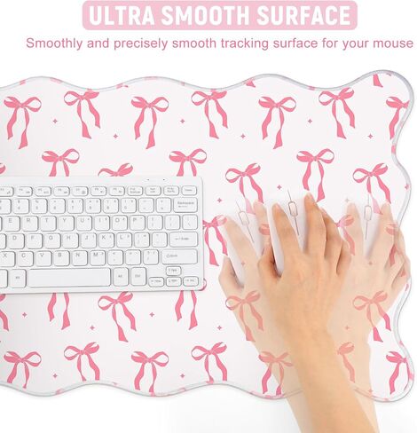 Coquette Bow Desk Mat Pink Bow Pad Scalloped Desk for لوحة مفاتيح Mouse كبيرة اللطيف غير القابل للانزلاق حصيرة الكمبيوتر 31.5 "× 15.7" (لطيف) in Kuwait