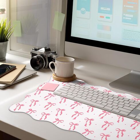 Coquette Bow Desk Mat Pink Bow Pad Scalloped Desk for لوحة مفاتيح Mouse كبيرة اللطيف غير القابل للانزلاق حصيرة الكمبيوتر 31.5 "× 15.7" (لطيف) in Kuwait