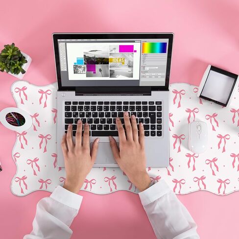 Coquette Bow Desk Mat Pink Bow Pad Scalloped Desk for لوحة مفاتيح Mouse كبيرة اللطيف غير القابل للانزلاق حصيرة الكمبيوتر 31.5 "× 15.7" (لطيف) in Kuwait