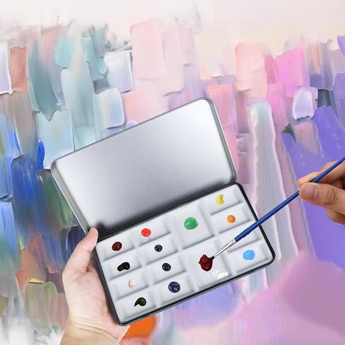 Travel Watercolor Palette,Portable Ceramic Palette with 14 Well,Metal Paint Box with Porcelain Palette(Silver Box) in Saudi Arabia