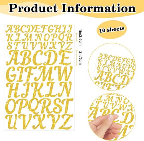 10 أوراق ملصقات Gold Letter Glitter 520 PCS Capital Alphabet Stickers Vinyl Self Reshesive Stick on Letters for Bottle Scrapbooking Mailbox Bulletin Bulletin Travening (الذهب ، 1 بوصة 2 بوصة) in Kuwait