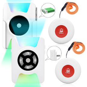 Caregiver Pager Emergency Call Button Bell Wireless Alert System for Elderly/Patient/Disabled/Hospital 2 Waterproof Button 1 Protable Receiver and 1 Plug-in Receiver
