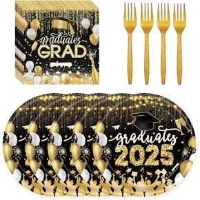 72 PCS Party Party Party Plates and Fedical 2025 ، Black Gold Dispipable Paper Paper Plate Luncheon Faceeon and Forks Setware Set Supplies for Congrats Grad Party Decorities ،