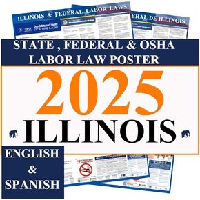 Kikigo 2025 ملصق ولاية إلينوي وقوانين العمل الفيدرالية - OSHA Compliant 24 "× 36" - كل ذلك في النشر المطلوب - (التحرير والسرد الإنجليزية والإسبانية)
