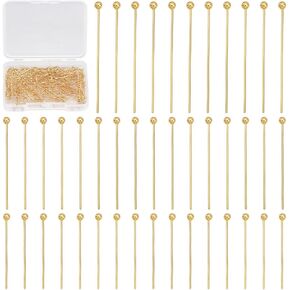 UniCraftale حوالي 180pcs 18k دبابيس رأس كرة مطلية بالذهب 3 أحجام 304 دبابيس رأس مسطحة من الفولاذ المقاوم للصدأ 20/25/30 مم دبابيس رأس الدبابيس المعدنية مستقيمة رأس الدبابيس لصنع المجوهرات قرط DIY