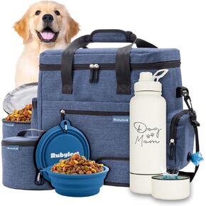 Original Doggy Bag (Navy) & 32 oz Insulated Water Bottle with Attached 8 oz Bowl (Dog Mom) – Dog Travel Bag & Hydration Set