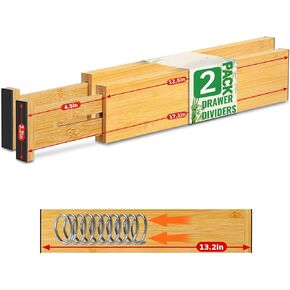 Dresser Drawer Dividers for Organizing Clothes, 2 Pack 13-17'' Adjustable Bamboo Organizers for Sock Drawers, Wooden Separators with Foam Ends for Nursery Organization, Kitchen Utensils, Bedrooms