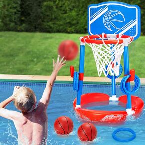 Pool Basketball Hoop Toys, 2in1 Pool Floating Basketball Hoop with Board, Swimming Pool Floats Toys for Kids Adults, Outdoor Indoor Summer Water Play Toy with Ring Toss Game, 2 Basketballs 6 Rings