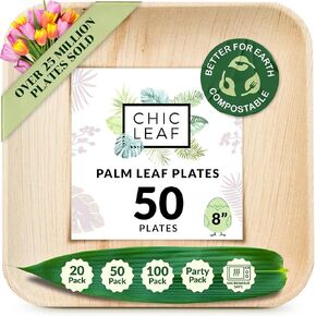 Chic Leaf Palm Leaf Disposable Bamboo Plates - Square Party Plates for Weddings, Parties, Cinco de Mayo Event Appetizers - Biodegradable & Compostable - Cinco de Mayo Party Supplies (8", 50 Pack)