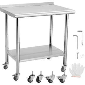 30"x24" Stainless Steel Prep Table with 4 Wheels & Hooks, Adjustable Height for Home & Commercial Use
