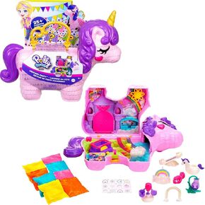 لعبة Polly Pocket 2-in-1 لعب لعبة السفر ، لعبة يونيكورن مع اثنين من الدمى و 25 إكسسوارات مفاجئة ، حزب يونيكورن كبير مضغوط
