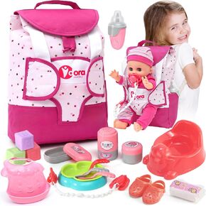 Baby Doll Accessories Playset, Baby Doll Care Toys with Changing Bag Backpack Feeding Set Baby Doll Nappies Bottle Bath, Birthday Toys for Kids Girls (Baby Doll Not Included)