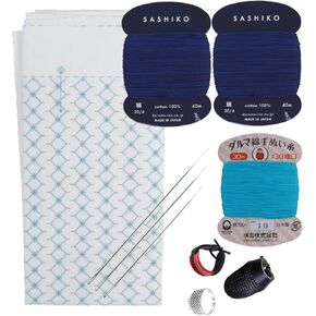 Daruma Hitomezashi Sashiko Kit – Premium Japanese Made Needle and Thread Kit with Sashiko Fukin, Thread, Needles, Thimble – Ready to Use Set (Joined Diamond Pattern)