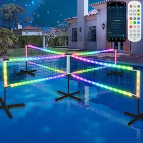 LED 4-Way Pool Volleyball Net, Light-Up Four Square Volleyball Pool Game Set with LED Water Balls, App & Remote Control, Music Sync – 4-Player Swimming Pool Party Toy Game for Adults & Family