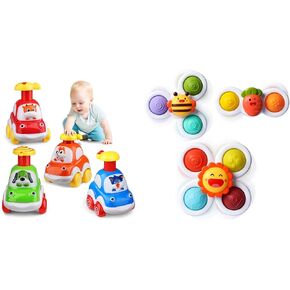 ALASOU 4 PCS Animal Car Toys and 3 PCS Suction Cup Rotating Toys for Infant and Toddlers