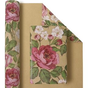 Reversible Pink Floral Wrapping Paper Roll, Rose Flower Wrapping Paper for Girls Women, Pink Rose - White Polka Dot Design, Gift Wrap for Birthday Wedding Baby Shower Valentine's Day -17 InchX33 Feet