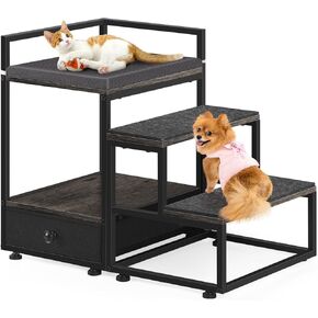 Dog Window Seat with Stairs Pet Perch for Small Dogs & Cats Grey Elevated Dog Bed Multi-Level Platform with Storage Drawer Elevated Pet Bed with Steps for Cat