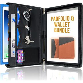 Stylio Zippered Padfolio Binder (Black) و Slim Leather Wallet (Brown). مثالي للمستندات ، iPad/جهاز الكمبيوتر اللوحي ، المفكرة ، بطاقات العمل ، المعرفات والفواتير. حزمة هدية رائعة.