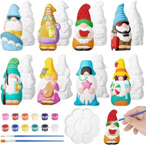 Varku 8 PCS Summer Beach Gnome Painting Kit, Paint Your Own Ceramic Statues, Paintable Gnome Figurines, DIY Ceramic Statues with 12 Acrylic Paint 2 Brushes 1 Palette, Unpainted Arts and Crafts