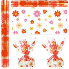 jarthenaamcs groovy daisy cellophane لف لفة 100 قدم × 16 في 2.5mil boho زهرة الورق الورق الورق الرجعية