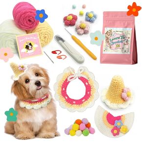 yuegool Crochet Kit for Beginners Kids & Adults,Pet Crochet Hat Bib& Collar Kit with Step-by-Step Video Tutorials, Crochet Kit for Dog&Cat Birthday Party Gift