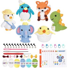 6pcs Crochet Kit للمبتدئين البالغين والأطفال - تعلم كيفية كوتس مع دروس الفيديو ، 6 أنماط حيوانية وأدوات كاملة | خطافات ناعمة وخطافات مريحة ، هدية عيد الميلاد/عيد ميلاد لعشاق الحرفية