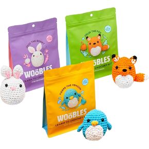 The Woobles Beginners Crocket Kit مع خيوط سهلة Peasy كما يظهر على حزمة Shark Tank - مع دروس فيديو خطوة بخطوة - Pierre the Penguin و Felix The Fox و Jojo the Bunny