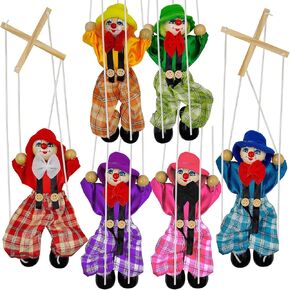 6 Pcs String Marionette Wooden Puppets Clown Pull String Puppets Movable Hands and Feet Creative Doll for Birthday Theater Pretend Play Party Gift